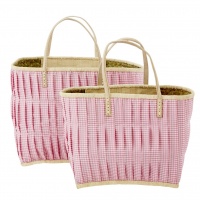 Pink Check Fabric Covered Raffia Shopping Basket Rice DK